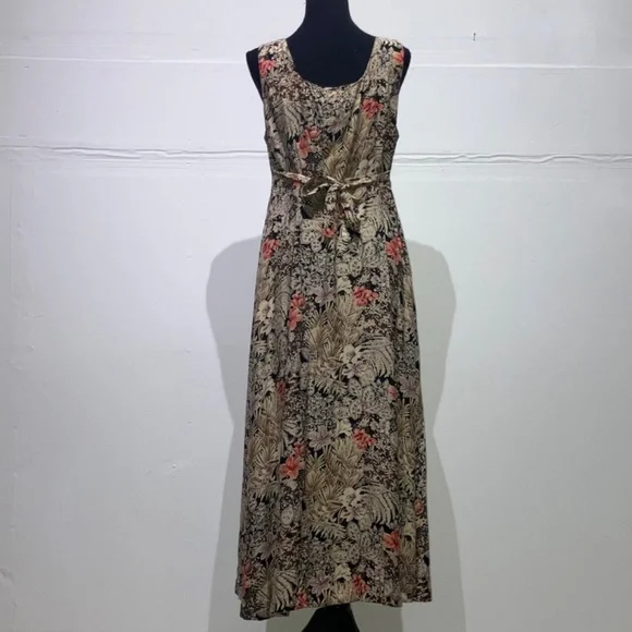 Brown and coral cool toned floral button down adjustable waist long dress - Picture 2 of 14